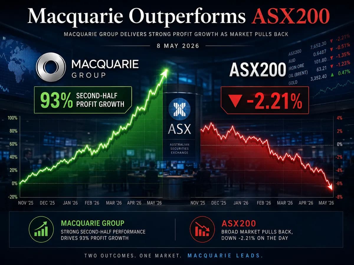 An image comparing the performance of Macquarie Group against the ASX200 on 8 May 2026.
