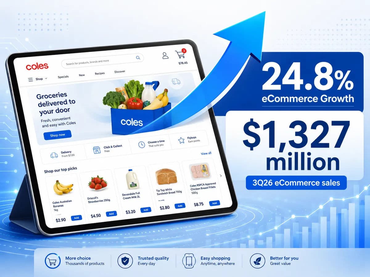 Illustration representing the surge in Coles eCommerce sales. An upward arrow is alongside the text '24.8% eCommerce Growth' and '$1,327 million'.
