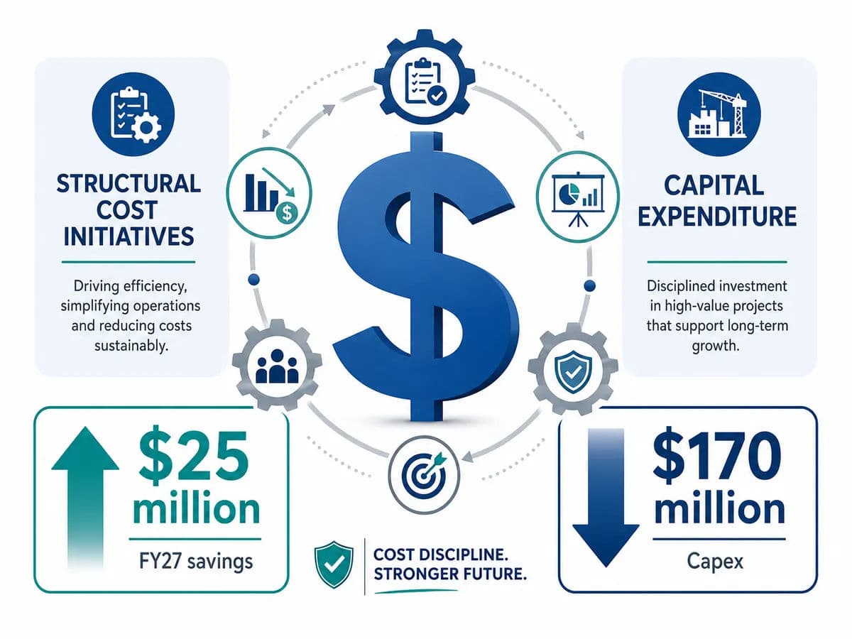 An illustration of cost-saving and capital discipline. A downward arrow points to the figure '$170 million' for capex, while an upward arrow points to '$25 million' for FY27 savings.