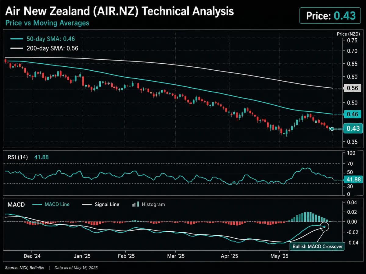 A technical analysis dashboard for Air New Zealand (AIR.NZ) showing a candlestick price chart.