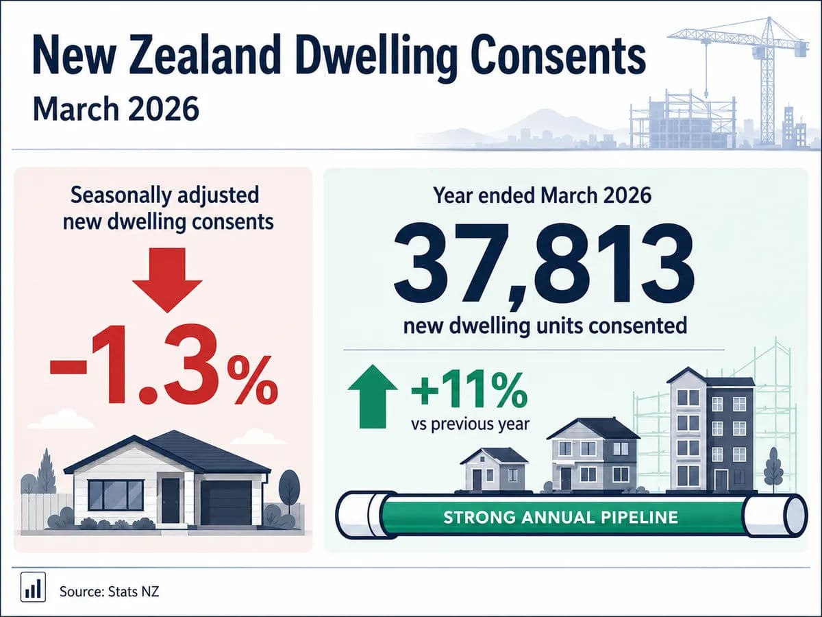 New Zealand dwelling consents infographic showing a 1.3% monthly decline in March 2026, while annual consents rose 11% to 37,813 units.