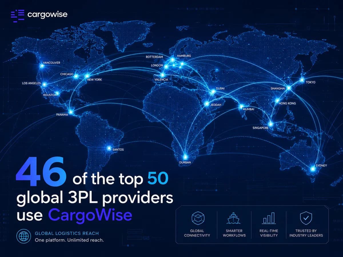 An illustration of the CargoWise platform's global reach showing glowing nodes representing major shipping ports and logistics hubs.
