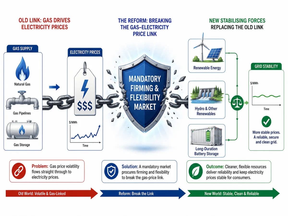 A diagram illustrating the 'gas-electricity price link' being broken by a 'mandatory firming and flexibility market'.