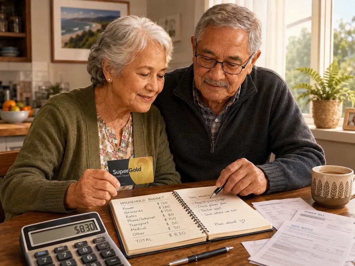 Two SuperGold Cardholders sitting at a kitchen table looking at a household budget