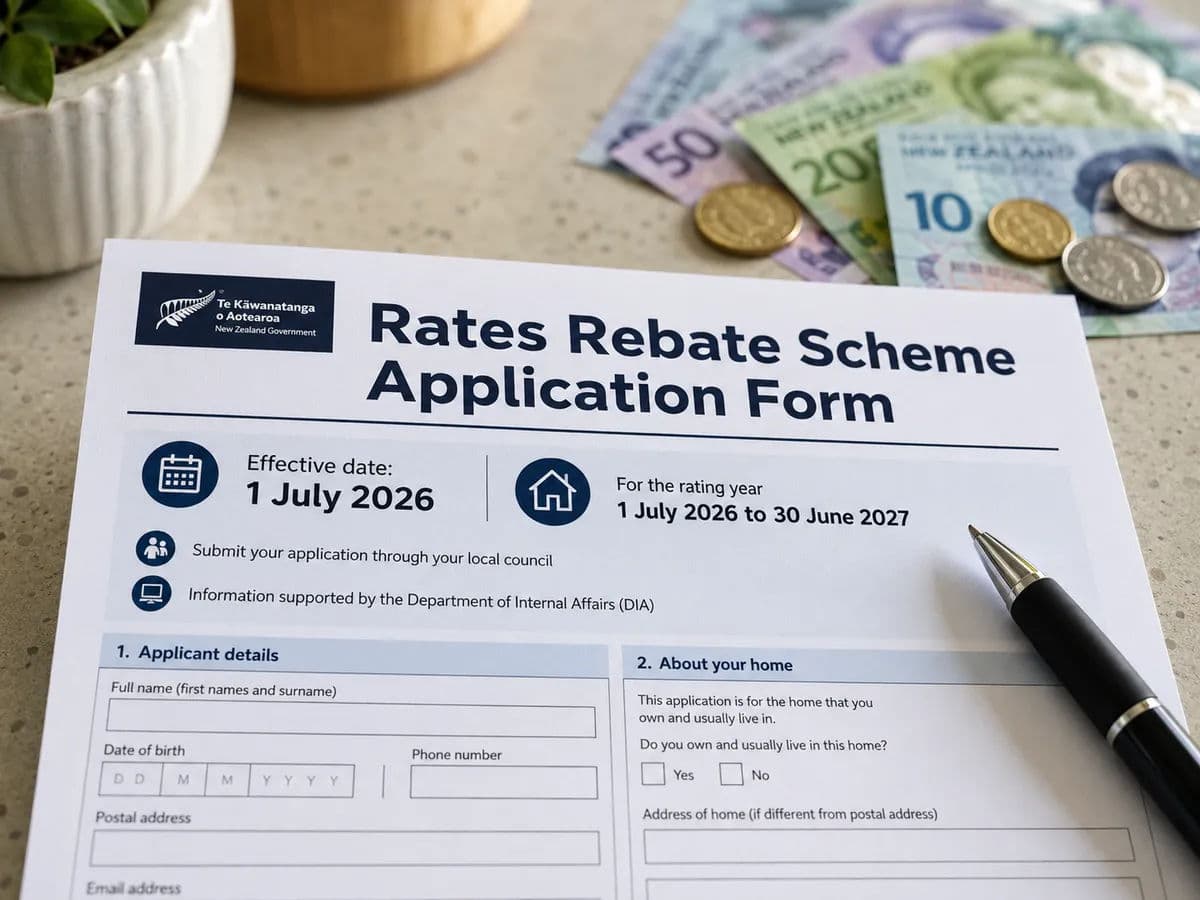 A image of a New Zealand Rates Rebate Scheme application form resting on a countertop
