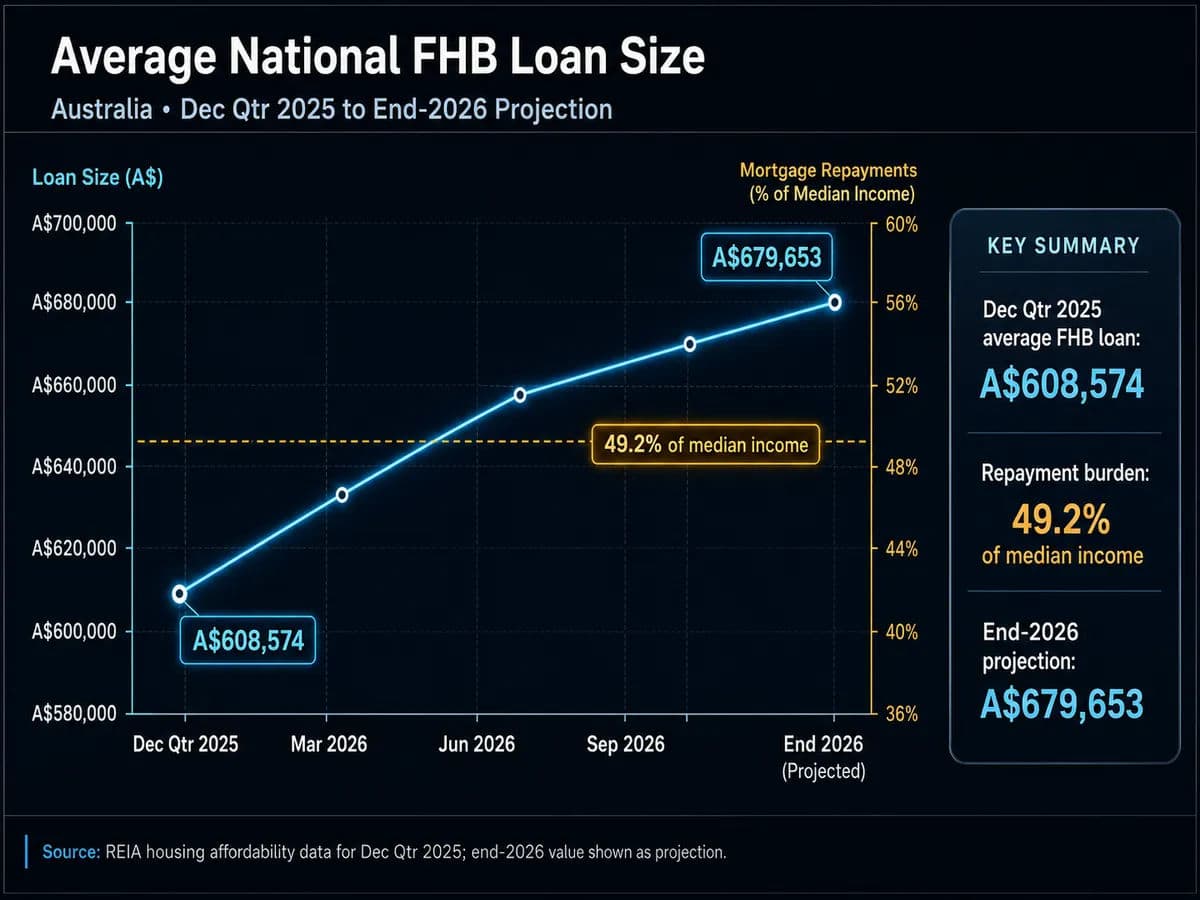 A data visualisation showing the Average National FHB Loan Size. A line chart starts at $608,574 in the December 2025 quarter and trends upward to a projected $679,653 by the end of 2026