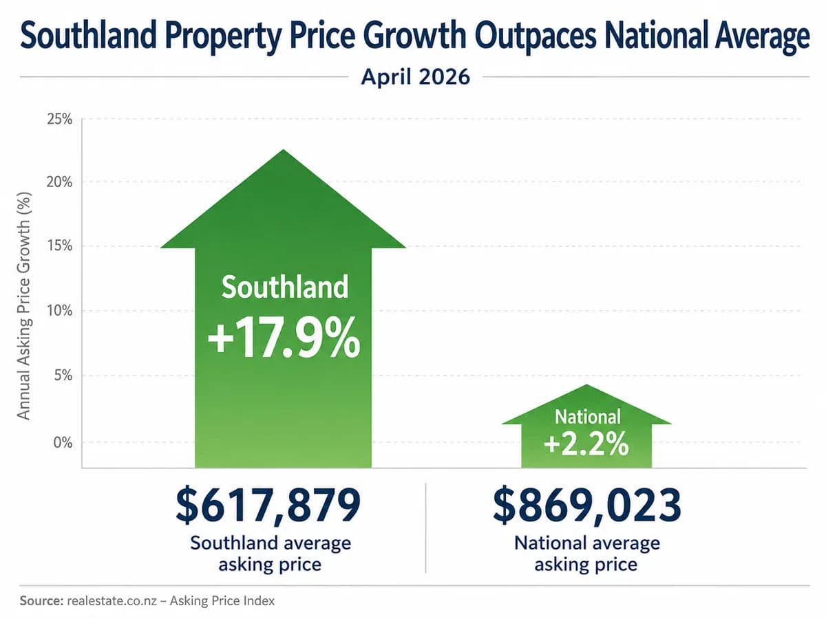 A infographic comparing property price growth in Southland versus the national average for April 2026
