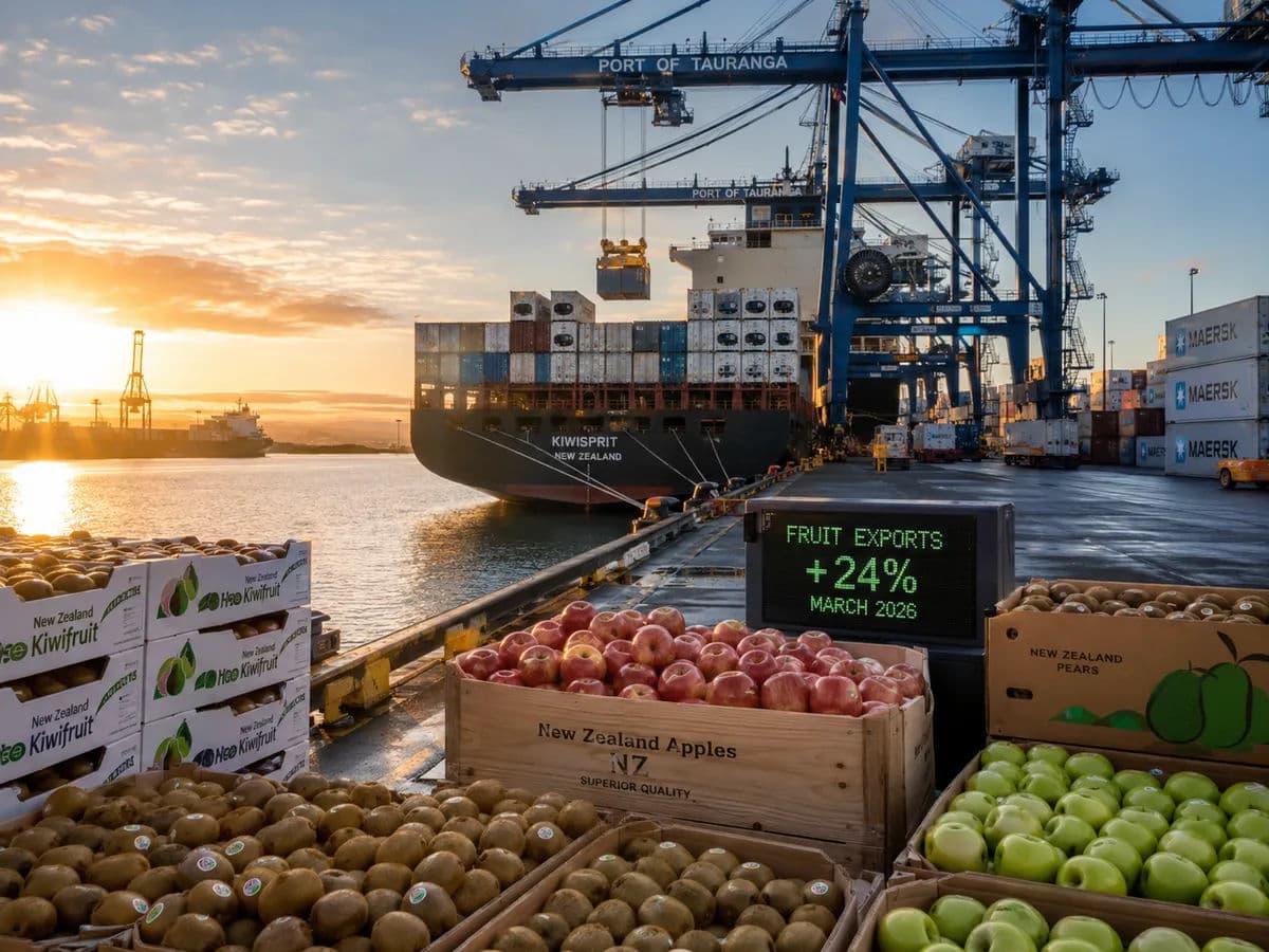 An image of a New Zealand shipping port at sunrise. A digital screen shows the 24% increase in fruit exports.