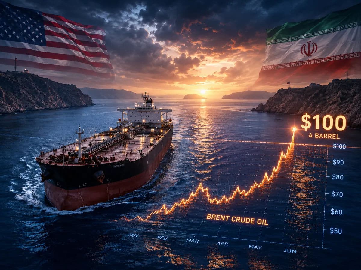 An illustration of a large oil tanker navigating the narrow Strait of Hormuz.