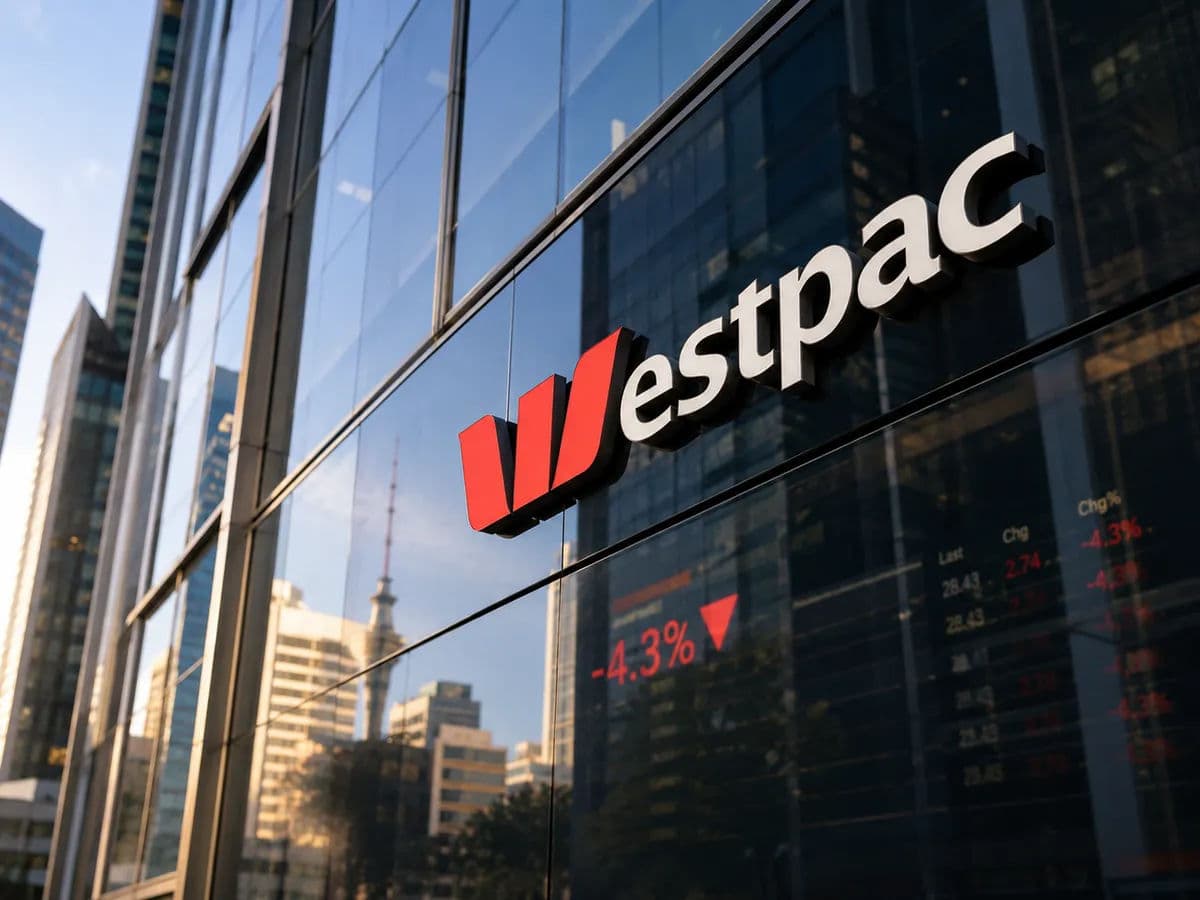 An image of Westpac Banking Corp with digital overlay showing -4.3% decline